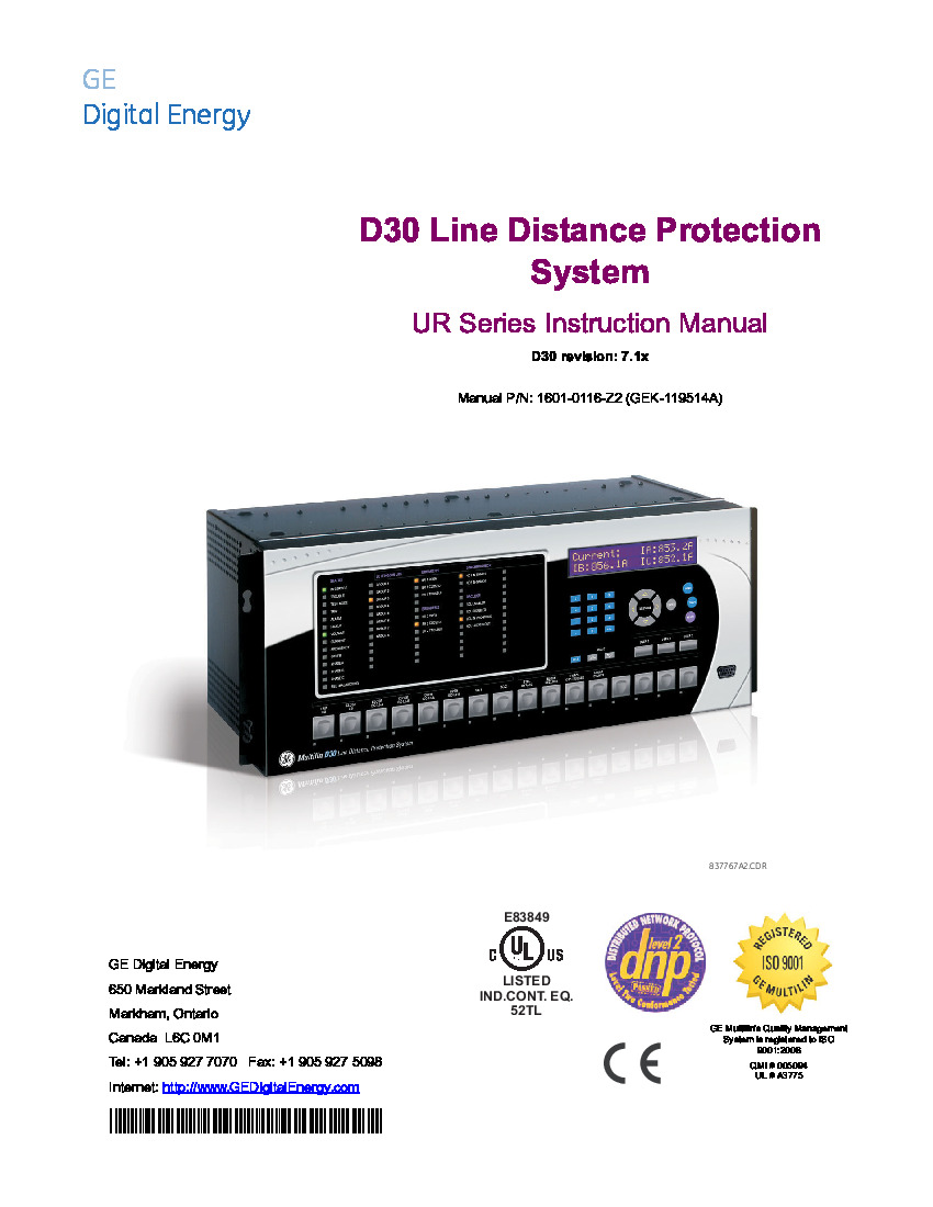 First Page Image of D30-E00-HCH-F8F-H6C-M6D-PXX-UXX-WXX GE D30 Universal Relays Manual 1601-0116-Z2.pdf